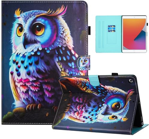 Auslbin Coloré en PU de Coque iPad 10.2 9/8/7 Gen 2021/2020/2019 Pouces, Coloré et Joli Motif, Étui à Rabat pour Tablette iPad 10.2/A2603 avec Support adapté Aux Films, Hibou