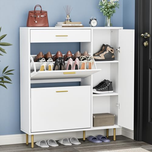 Yvsevnr Schuhschränke Weiß Schuhkipper mit 2 Klappen, Schuhkommode Schuhregal mit 1 Schublade und 1 Tür, Schuhregal Schmal mit Verstellbares Regal, für 14-18 Paar Schuhe, für Eingang, Flur, Wohnzimmer
