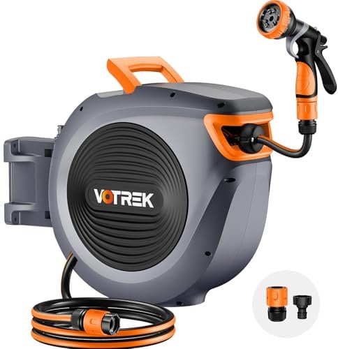 VOTREK Retractable Garden Hose Reel [1/2'' x 30m+2m], Wall Mounted Auto Reel with Slow Rewind System, Any Length Lock, 180° Swivel Bracket, 9-Mode Nozzle Hose Pipe for Watering Cleaning