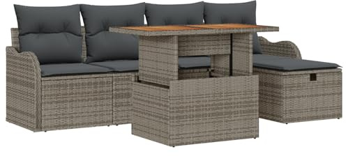 vidaXL Garten-Sofa-Set 6 pcs Grau Poly-Rattan, Garten- und Terrassenset, rechteckiges Sofa, stylisches Mobiliar für die Lounge, Bequeme Sitzgelegenheit.
