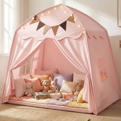 Mallify Kinderzelt Indoor, Spielzelt mit Lichtern, 150 x 100 x 150 cm Tipi Zelt Kinderzimmer (Rosa)