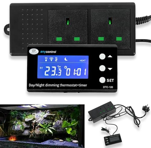 qajexluz Digital Dimming Thermostat Reptile Day and Night Timer, LCD Thermostat Socket Dimmer Temperature Controller for Heat Lamp Terrarium Vivarium Aquarium with Waterproof Sensor Probe Black