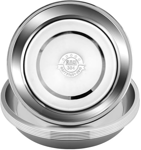 Kinmsito 6 Stück runde Teller aus Edelstahl 304, Essteller, 23,9 cm große Campingteller aus Metall für Grill, Snacks, Salat, Vorspeisen, Obst, Kekse