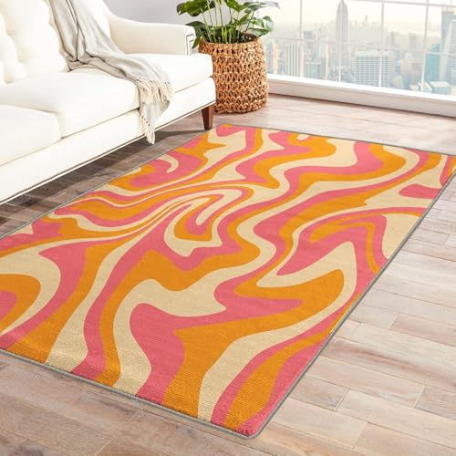 AUWUUA Teppich im Stil der 70er Jahre, orange und rosa, abstraktes Wellenmuster, für Schlafzimmer und Wohnzimmer, 120 x 150 cm, Retro-Ästhetik, bunt gestreift, waschbar, rutschfest