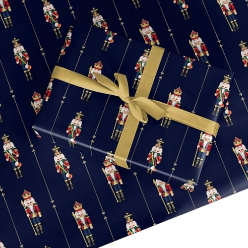 Christmas Wrapping Paper – Navy Blue Nutcracker Gift Wrap, Premium Recyclable Design for Men, Women, Boys & Girls, Elegant Holiday Style, FSC Certified, Plastic-Free by Dyefor - 6 Sheets (50x70cm)