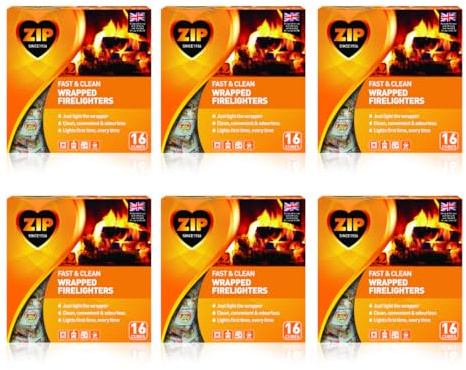 6 X Packs of 16 Zip High Performance Energy Block Wrapped Firelighters. Long Burning, Powerful & Reliable for Open Fires, Stoves, BBQs & Tigerbox Safety Matches