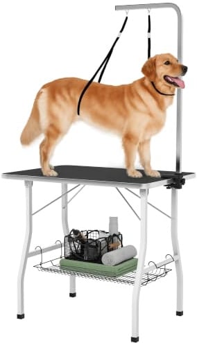 PawHut Table de Toilettage pour Chien Pliante 90x60x76cm, Stable Noir | Plateau Antidérapant Caoutchouc, 2 Sangles, Potence Réglable Inox et Panier, Station d'Entretien pour Petits/Moyens Chiens