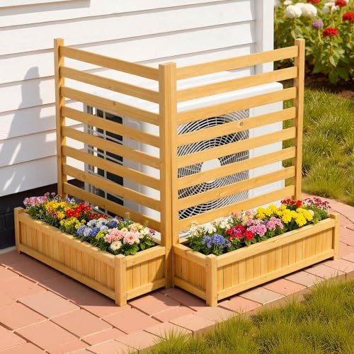 VEVOR Panneau de Clôture Bois 2 PCS Cache Climatiseur Extérieur 91,4x114,3 cm Clôture Décorative Bois Massif pour Cacher Poubelle, Embellir Jardin, Dissimuler Équipement de Piscine, avec 2 Jardinières