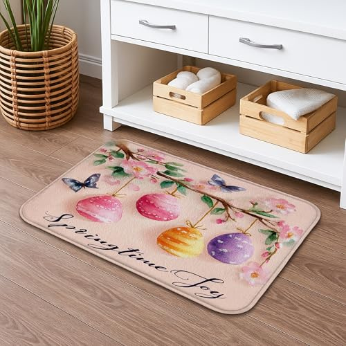 Badematte mit Frühlingsblumen, schnell trocknend, bunte Ornamente, saugfähig, rutschfest, dekorativer Flanell, waschbar, Badteppiche für Badezimmer, 40,6 x 61 cm