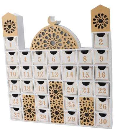 HELEVIA Ramadan-Countdown-Kalender aus Holz, Moscheenform mit LED-Licht und Aufbewahrungsschubladen, Zum Feiern von Eid und Islamischer Tradition (JM01507)