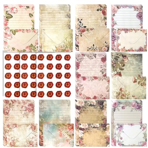 160 Stück Vintage Blumen Briefpapier mit Umschlag für Briefe,Einladungen | Briefpapier Set,50 A5 Liniert Schreibpapier,50 Briefumschläge,60 Sticker ,für Geburtstag ,Hochzeit,Weihnachten