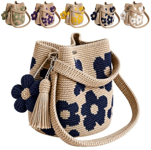 Generico Borsa Uncinetto Fatta A Mano, Borsa Uncinetto Donna, Borse All'Uncinetto Donna con Charm Floreale Staccabile e Nappa ，Blue