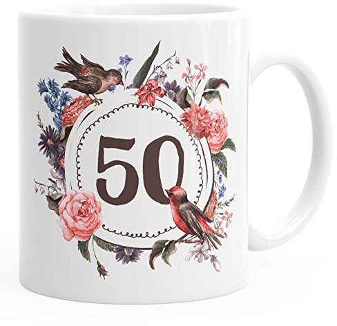 MoonWorks Geburtstags-Tasse 50 fünfzig Geschenk-Tasse Kaffee-Tasse Blumen Blüten Blumenkranz weiß Unisize