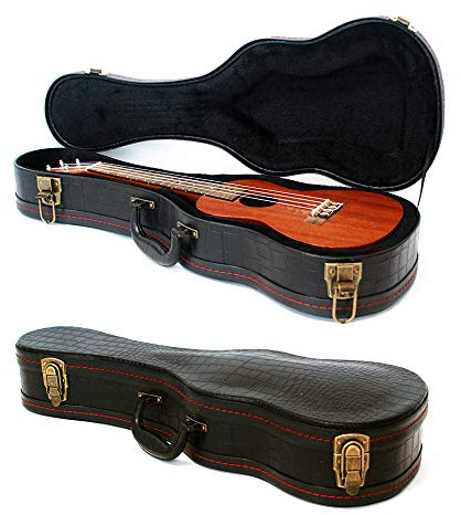Ukulele Hartschalenkoffer, Koffer für Konzert Ukulele, 23 Inch/24 Inch, Oberfläche aus Leder mit Krokodilmuster Ausbauchtung und Holzinnenkoffer mit Plüsch (Schwarz)