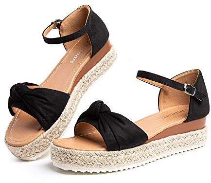 Hitmars Sandale Plateforme Femme d’Ete Espadrille Sandales Compensées Mode Bout Ouvert Faux Cuir avec Bow-Noeud 5 CM noir E taille 39 EU