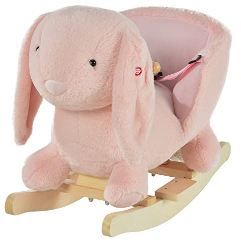 HOMCOM Cavallo a Dondolo a Forma di Coniglio con Suoni, Cavalluccio a Dondolo per Bambini 18-36 Mesi Interattivo, Rosa, 60x33x50cm