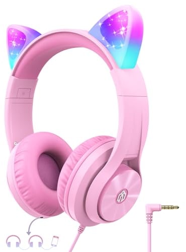 iClever Kinder Kopfhörer, Katzenohr-LED-Leuchte Over-Ear mit 85dBA Lautstärkebegrenzung Faltbare HD Stereo Kabel Kopfhörer, für Schule/iPad/Tablet/Reisen