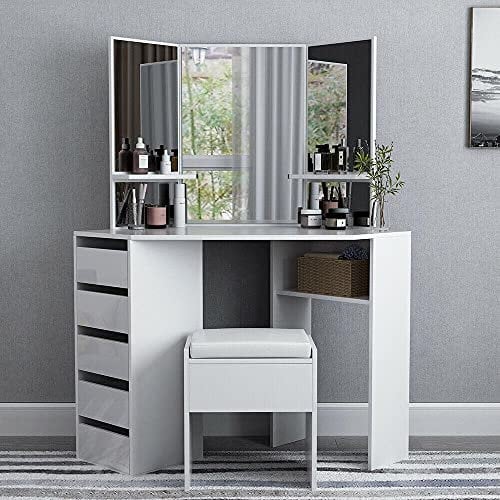 Hampton&Stewart Modern Corner Dressing Table Multi-Angle Mirror with Stool Desk 5 Drawers UK (White)