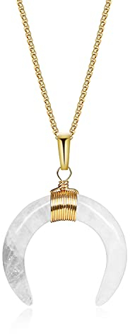 COAI Collar para Mujer con Colgante Doble Cuerno Luna Creciente de Cristal de Cuarzo