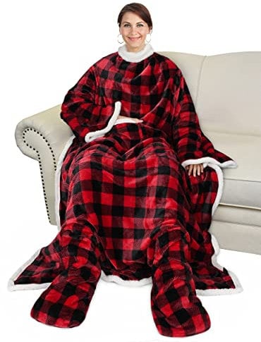 Catalonia Classy Tartan Wearable Sherpa Blanket with Sleeves and Foot Pocket, Soft Cosy Fleece Slankets for Women Warm Fluffy Plush Throws Winter TV Blanket for Sofa Couch 190 x 135 cm