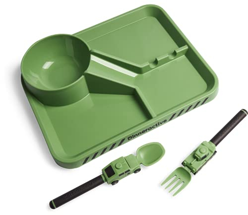 Dinneractive Essgeschirr für Kinder - 3 STK Grünes Armee Essgeschirr - Army Lastwagen Panzer Utensilien - Teller für Kleinkinder - Babygeschirr