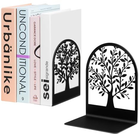 Umikk Book Ends, Metal Bookend, Tree of Life Bookend for Shelves, Home Decorative Bookends for Heavy Books, Black Non-Skid Book Stopper, 7 x 5.5 x 3.5 inch (1 Pair)