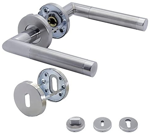 Türgriffe APECS Drückergarnitur für Haustür und Innentüren Türklinke aus Edelstahl 304 matt Türbeschlag außentür satiniert mit rund Rosetten Türdückergarnitur WC | PZ | BB Modell H-3214, Silber