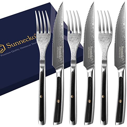 Sunnecko Damascus Steak Knife and Fork Set of 6, Damascus Steel VG-10 Serrated Knife, G10 Handle Tableware Steak Cutlery Set