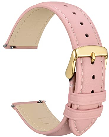 WOCCI 22mm Fleurs Bracelet de Montre pour Femme, Cuir Véritable, Bande à Dégagement Rapide, Boucle Dorée (Rose)