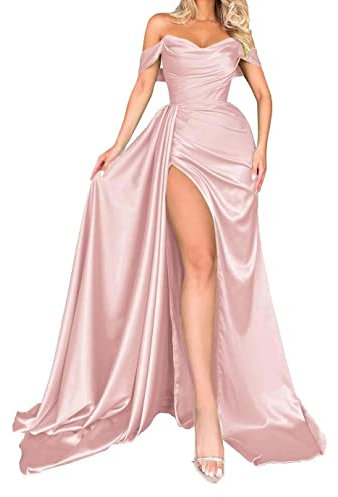 Robe de bal pour femme à épaules dénudées avec train, longue robe de soirée froncée en satin avec fente, rose poudré, 50
