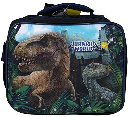 Jurassic World Velociraptor Blue and T-Rex Kids School Lunch Bag Set for Boys - Bundle with Dinosaur School Lunch Box With Charts and Stickers - School Supplies