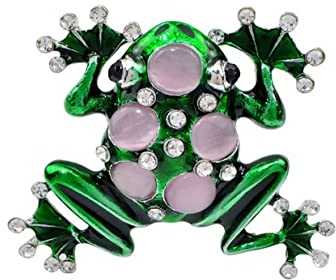 Schmuckbrosche aus Stahl mit grünem Frosch und Mondstein., Legierter Stahl