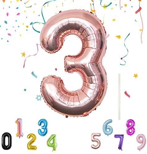 40Inch Number Balloon with a Straw, Foil Mylar Helium Balloons for Decoration Supplies, Digital Balloon for Birthday Parties/Anniversary/Memory Day, Reusable Foil Balloon -Rose Gold Number 3 Balloon