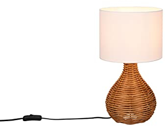 meineWunschleuchte Große Tischlampe Rattan Natur Stoffschirm Weiß im Boho Stil, rund Ø 22cm