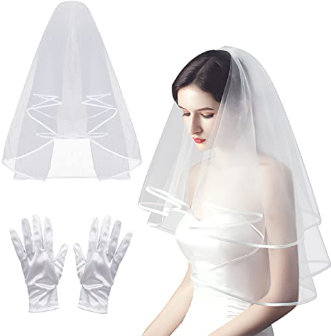 PFLYPF Ein weißer Schleier 80cm + ein Paar kurze weiße Satinhandschuhe, Hochzeitsthema-Party-Fotobankett, Hochzeitskopfschmuck Brautschleier Tüll und Kamm kurzer Schleier Satinrand