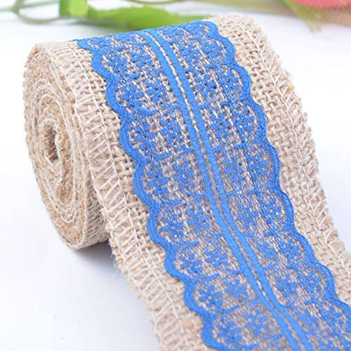 10m Juteband mit Spitze, Breite 6cm Vintage Spitze Juteband Jutebänder, Natürliche Jute Bänder und Spitze Dekoband für DIY Basteln Hochzeit Geschenkverpackung Weihnachten Deko Hausdeko, Dunkelblau