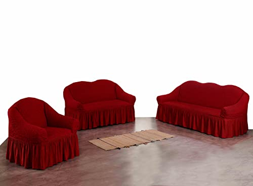 My Palace Estefania Sofabezug 3er Set mit 1-Sitzer, 2-Sitzer und 3-Sitzer Bezügen und Schaumstoff-Ankern für rutschfesten Halt auf der Sofagarnitur, 3-teiliges Stretch-Gewebe, Weinrot