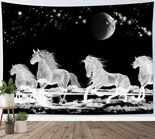 HVEST Pferde-Wandteppich, Schwarz-Weiß, Wandteppich für Schlafzimmer, Mond, Wandbehang für Wohnzimmer, Wohnheim, Party, Wanddekoration, 152 x 101 cm (B x H)