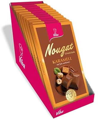 Viba Nougat-Tafelschokolade Karamell Salz, 10 x 100 g Vorratspack – Edelvollmilch-Schokolade mit 31% Haselnussnougat & 2% Karamell-Salz-Granulat – süß-salzige Genusskombination