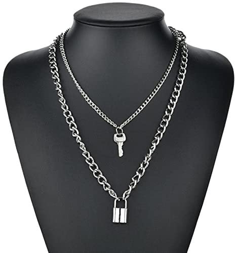 WEITING Hip Hop Multi Layers chain necklace with heart lock women/men punk rock padlock pendant necklace emo Goth jewelry-X052 key lock