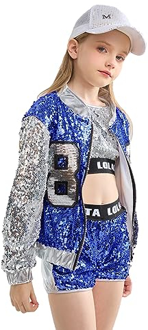 LOLANTA 4 Stück Mädchen Hip Hop Tanz Kostüm Kinder Pailletten Jazz Tanz Kleidung Set Socken angebracht, Blau, 8-9 Jahre, 140