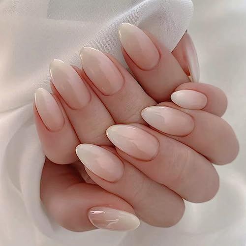 Ceboic 24Pcs Press on Nails Medium Almond, Nude Pink Gradient French Tips, Glossy False With Adhesive Tabs, Oval Acrylic Stick on for Women Girls Art