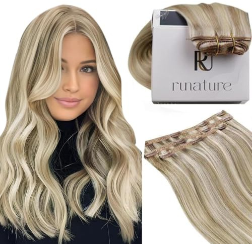 RUNATURE Blond Clip Echthaar Extensions 50cm 3pcs 60g #8P60 | Clip in Extensions Echthaar–hitzebeständig, Remy, geschmeidig. Atemberaubender Look mit Highlights.