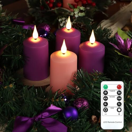 FREEPOWER Flameless Advent Candles - Set of 4 Battery Operated LED Pillar Candles (3 Purple, 1 Pink) with Remote Control and Timer - Φ 2 x H 4 - Ideal for Seasonal and Christmas Celebrations