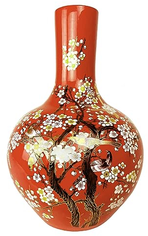 Fine Asianliving Chinesische Vase Rot Blüten Handgefertigt D31xH47cm China Dekorative Blumenvase Orientalische