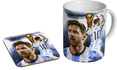 glades Lionel Messi Argentina Champion Artwork – Keramik Kaffeetasse + Untersetzer Geschenk-Set