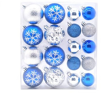Festive Productions Pack of 18 Shatterproof Christmas Baubles Assorted Colours and Sizes Xmas Tree Festive Decorations Blue/Silver