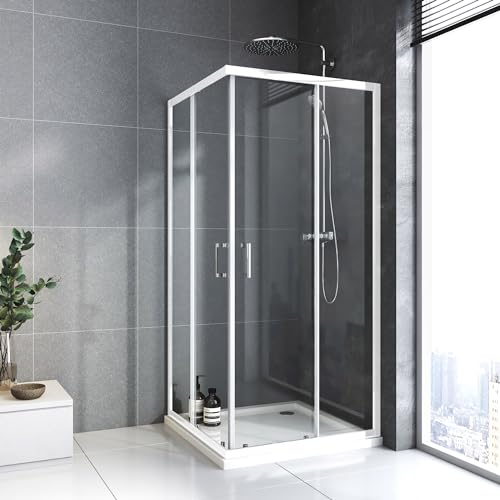 Duschkabine 80x80 cm Eckeinstieg mit Schiebetüren,6mm ESG Glas Duschabtrennung Doppel Schiebetür,Über Einer Duschwanne Oder Fliesen Montiert,Höhe 185 cm,Weißer Rahmen(Ohne Duschtasse)