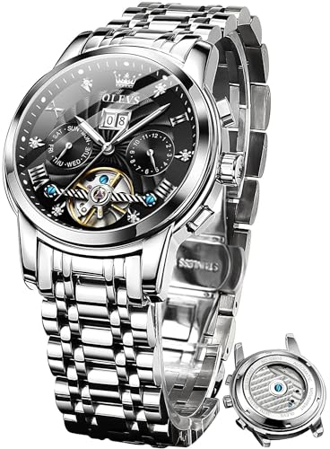 OLEVS Herrenuhren Automatik Skelett Mechanische Schwarz Kleid Armbanduhr mit Diamant Tourbillon Tag Datum Wasserdicht Leuchtende Zweifarbige Uhr