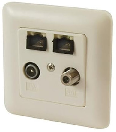 Base empotrable para antena TV-FM-SAT+TLF, incluye conectores y soportes, ideal para mejorar la recepción de señales en casa.